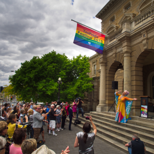 The rainbow flag is raised over Hobart City Hall for TasPride Festival 2015