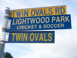 Street sign for Twin Ovals Road, Lightwood Park and Twin Ovals